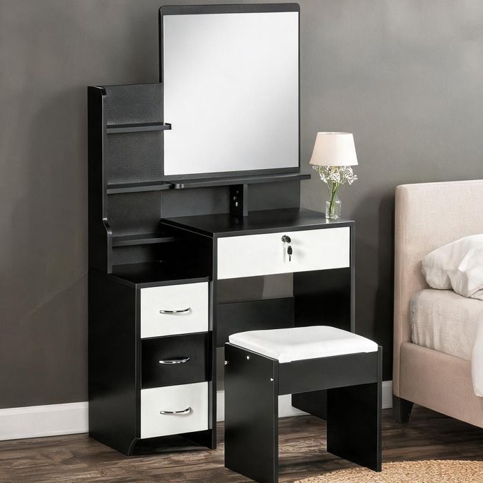 Coiffeuse en panneaux de particules noirs avec grand miroir 4 tiroirs et tabouret - Noir Panneaux de particules 80 x 38 x 143 cm