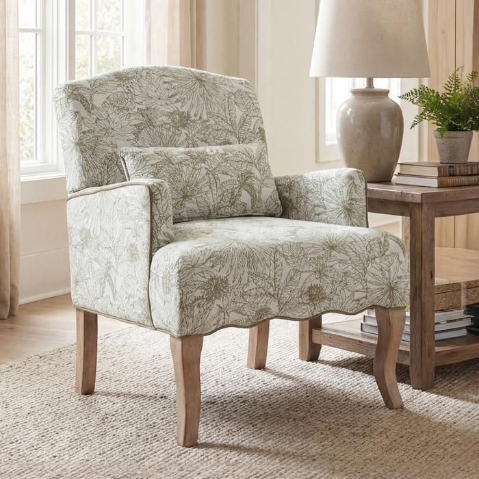Wahson Fauteuil Salon Rétro en Baroque Canapé 1 Place avec Pieds Bois Fauteuil Imprimé Oreiller Lombaire Chenille Vert
