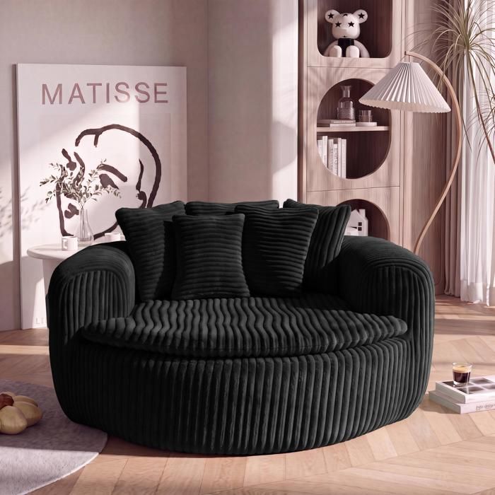 Fauteuil 1 place - 145x133x59cm - Canapé Rond Lounge Velours Côtelé avec 5 Coussins Ressorts Ensachés Sans Montage - Noir