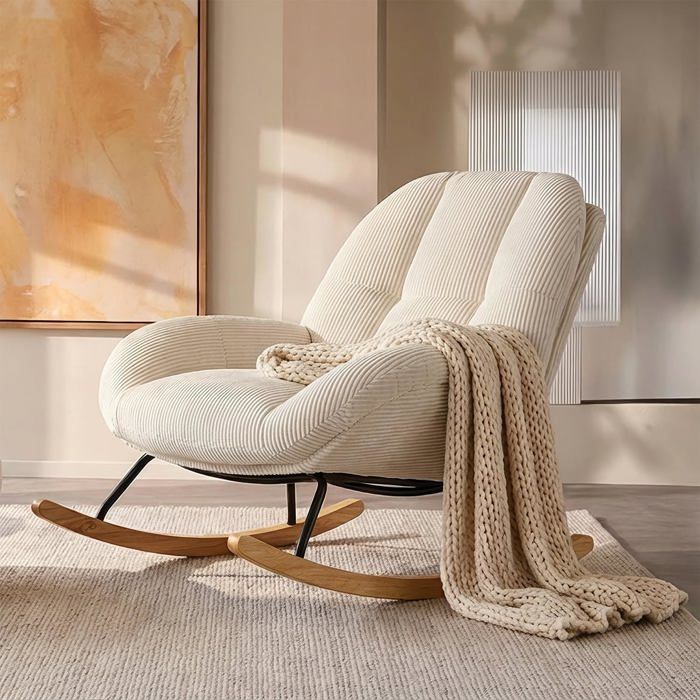 Fauteuil à bascule large en velours côtelé beige – 88*87*89 cm