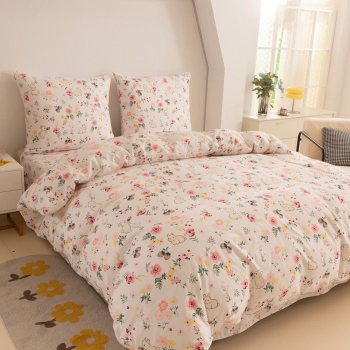 Linge de lit en coton 140x200 cm motif fleurs et lapin