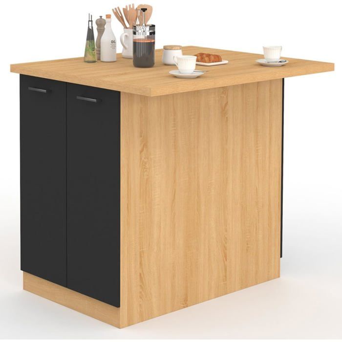 IDMarket Îlot Central IVO 100x80x90 cm Bois façon Hêtre et Portes Noires avec Plan de Travail et Rangement IDMarket Îlot Central IVO 100x80x90 cm Bois façon Hêtre et Portes Noires avec Plan de Travail et Rangement