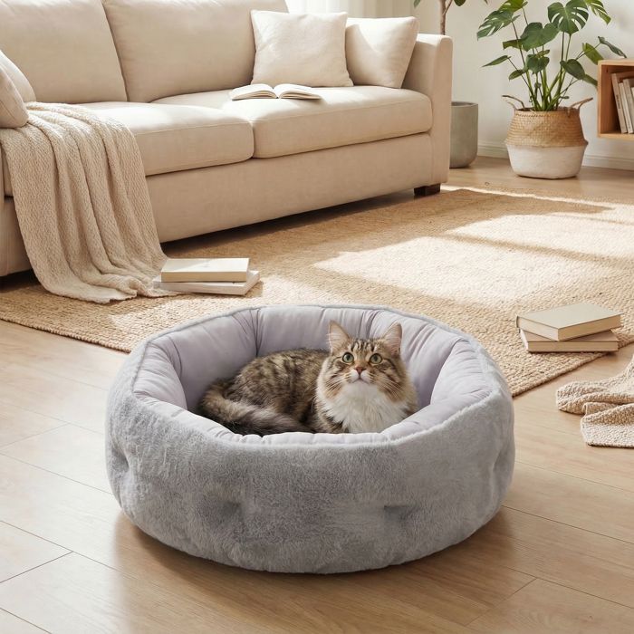 Lit pour chat réversible lit pour chats dintérieur et petits chiens lit rond avec rebord de soutien gris clair Lit pour chat réversible lit pour chats dintérieur et petits chiens lit rond avec rebord de soutien gris clair