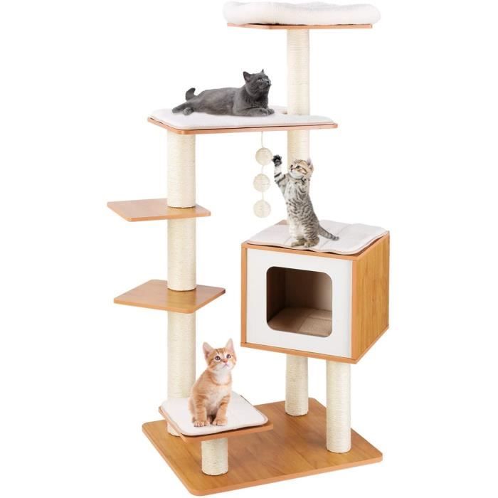 LAZY BUDDY Arbre à Chat en bois, Griffoir Chats 100 % Sisal4 Plateformes,138 cm