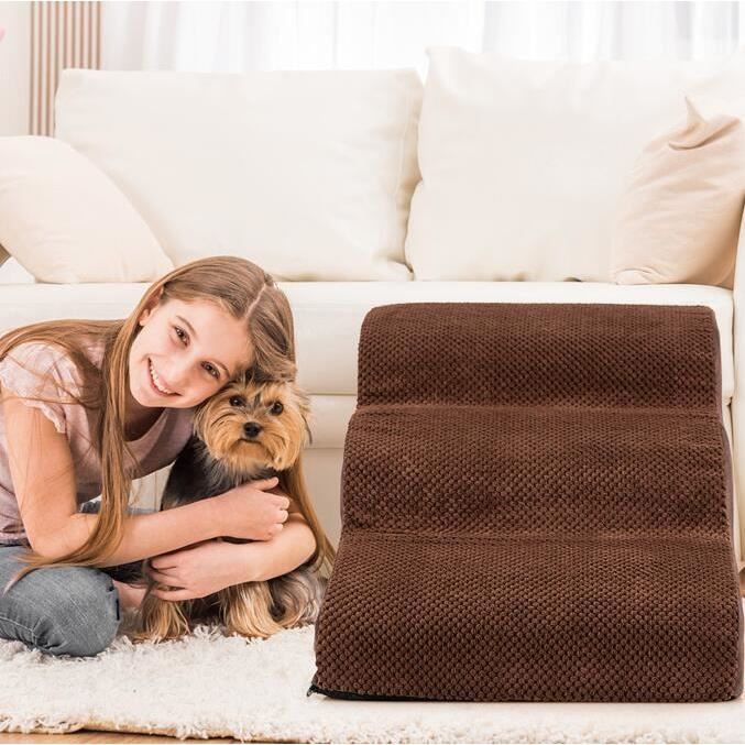 GYMAX Escalier 3 Marches pour Chien en Mousse Haute Densité, Échelle Antidérapante pour Animaux avec Mousse Lavable, Café