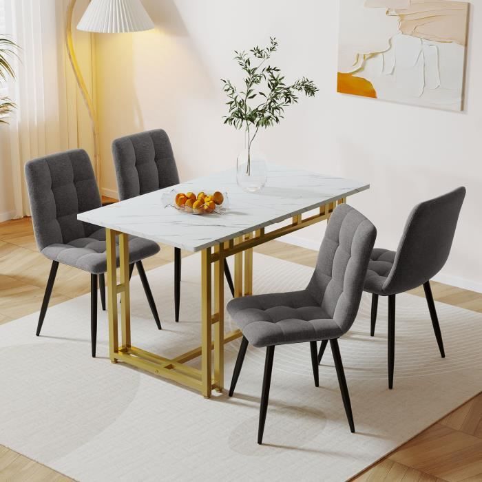 Ensemble Table à Manger avec 4 Chaises en Velours - Style Modern Luxe - Rectangulaire - Plateau Effet Marbre -MDF-Table et Chaises