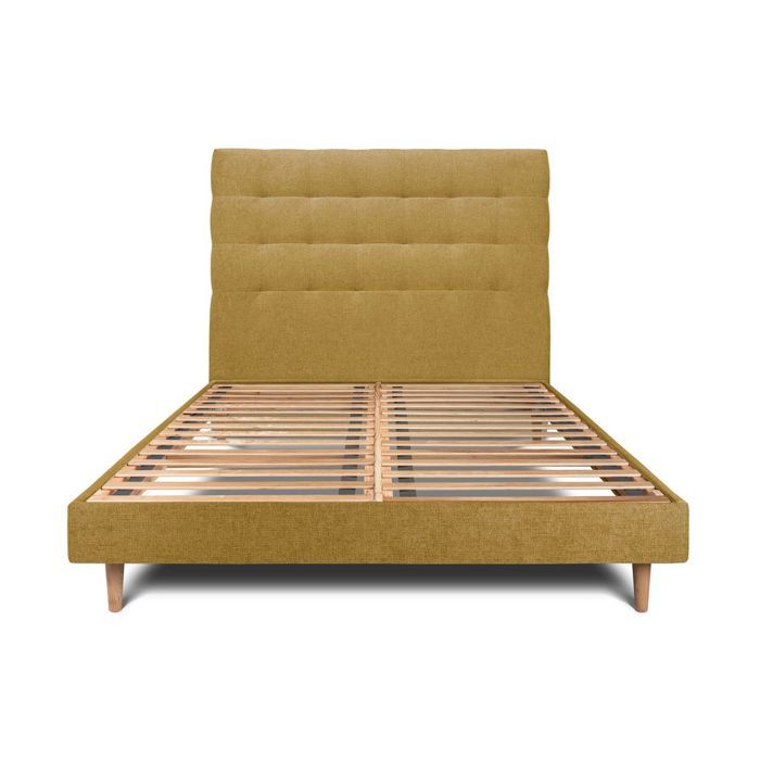 Lit 140x200cm avec tête de lit capitonnée tissu et sommier kit jaune - Hauteur totale : 29cm Lit 140x200cm avec tête de lit capitonnée tissu et sommier kit jaune - Hauteur totale : 29cm