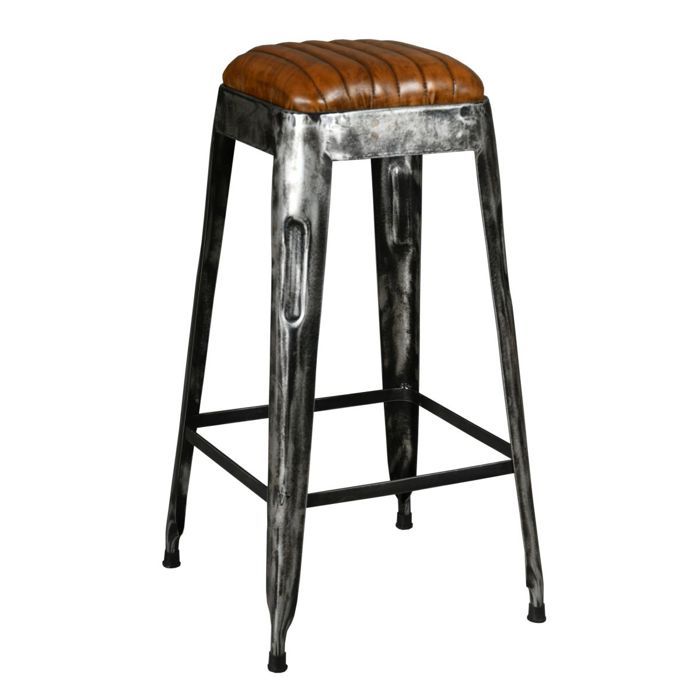 Tabouret haut en métal vieilli et cuir de buffle Tabouret haut en métal vieilli et cuir de buffle