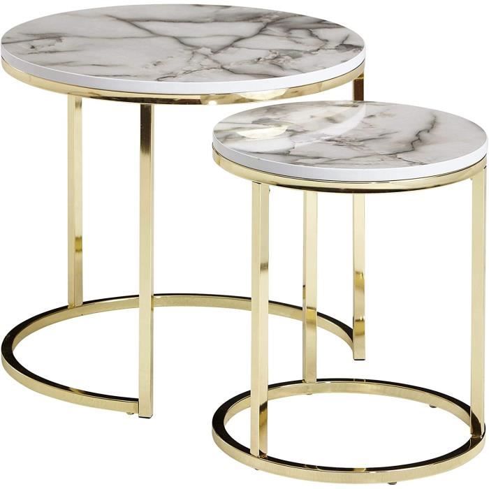 Table Basse Ronde 2 En 1 Effet Marbré - Design Moderne, Structure Acier Et Aggloméré, Neuf