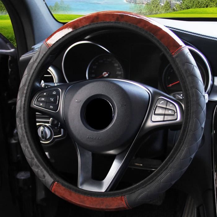 Couvre-volant de voiture de haute qualité en cuir d'acajou gaufré sans  bande élastique antidérapant 37-38cm 4 couleurs Black