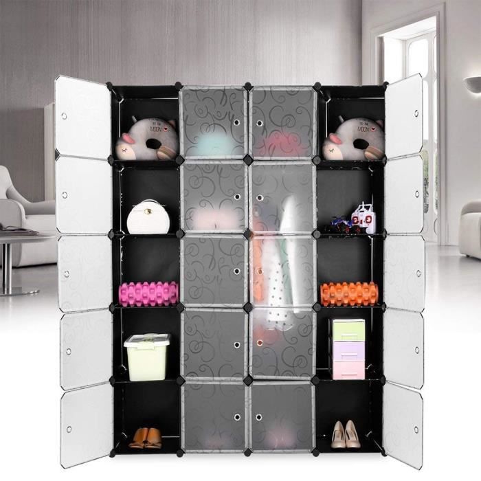 20 Cubes Armoire à Vêtement Penderie en Plastique avec Portes Garde-Robe de  Rangement Étagère Modulable Gaufrage Noir et Blanc - Cdiscount Maison