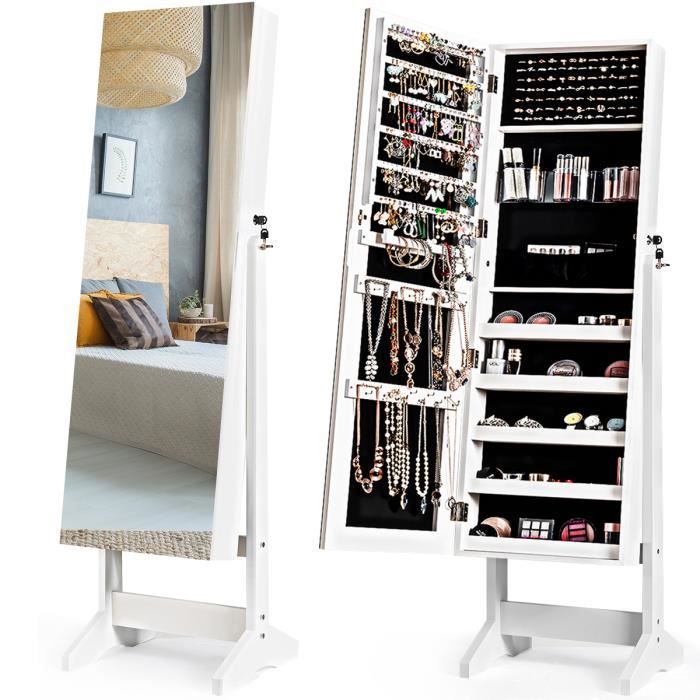 COSTWAY Armoire à Bijoux sur Pied avec Miroir Inclinable Serrure Doublure et Divers Espaces de Rangement 41x365x146cm Blanc