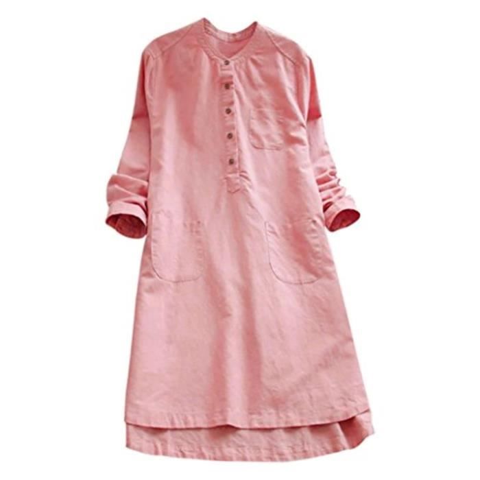 Chemisier Femme En Coton Et Lin - Col En V, Manches Longues - Tissu Respirant Et Léger - Taille Grande - Couleur Unie
