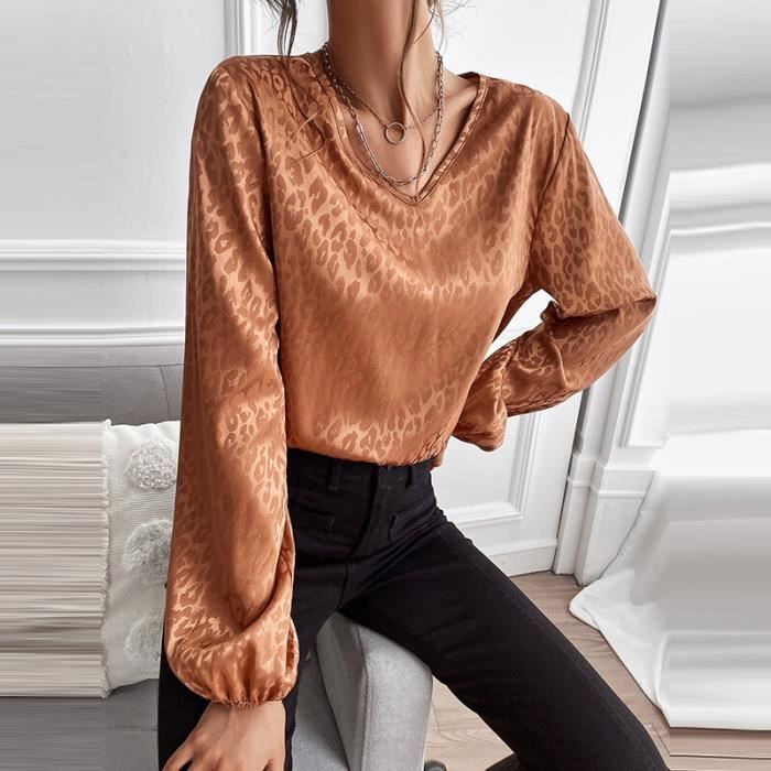 Chemise Chemisier en satin imprim l opard pour femme pull col