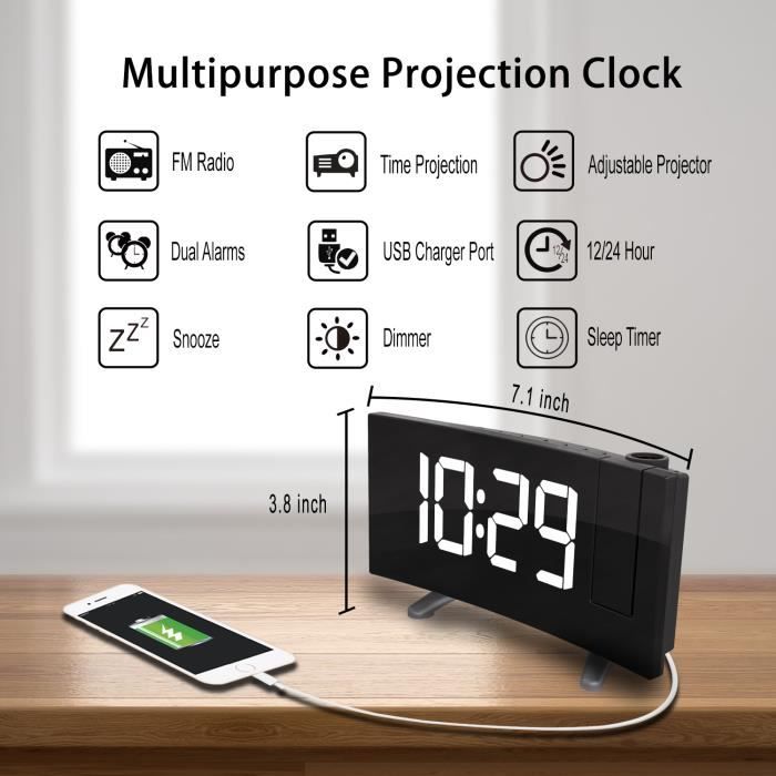 Radio Réveil Projection Plafond Alarme FM 12/24 Heures Rotation 120° Fonction Snooze Charge USB 12/24 Heures Ecran LED de 7.1inch
