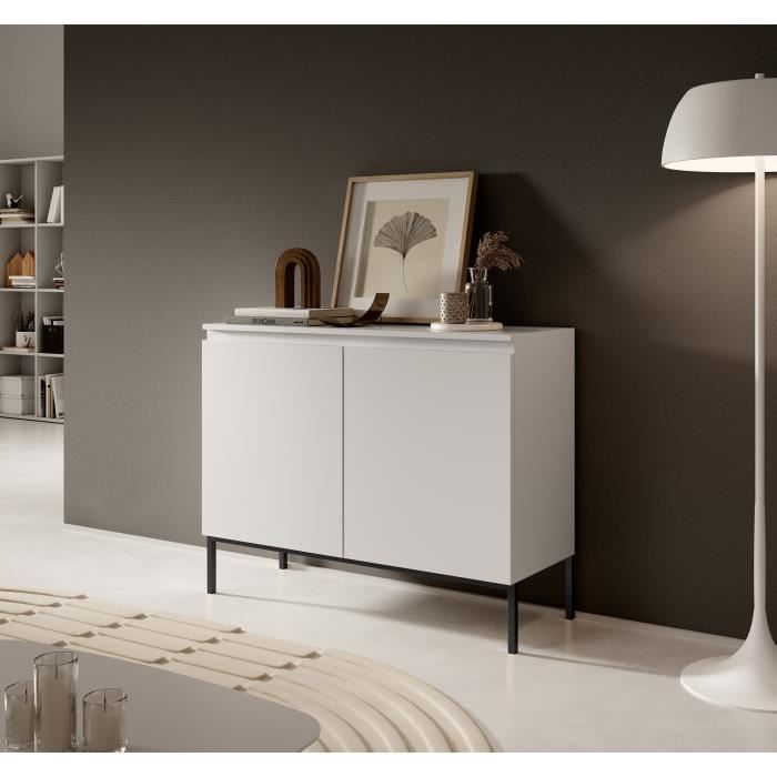 Commode à deux portes - BEMMI - 100 cm - blanc avec pieds noirs Commode à deux portes - BEMMI - 100 cm - blanc avec pieds noirs