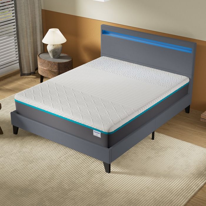 Ensemble MATELAS + LIT (140x190cm)- YPSILON (ÉQUILIBRÉ) 28cm Latex Naturel & Mémoire de Forme + Sommier & tête de lit LED Gris
