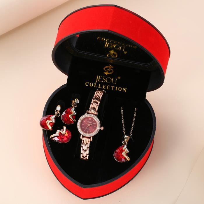 Coffret montre femme + boucles doreilles + anneaux + colliers - bracelet en acier rouge diamants élégance bijoux