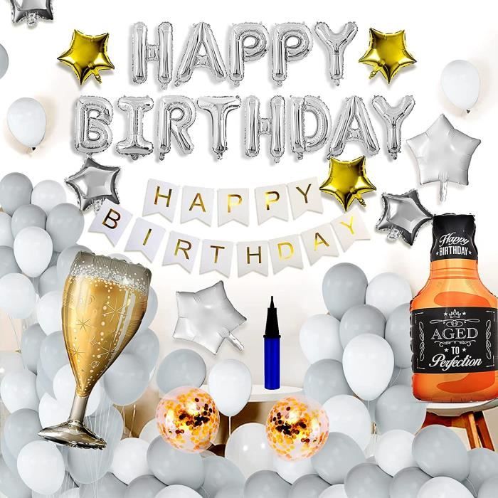 Déco Anniversaire Ballons & Guirlande - Kit Blanc Et Or Avec Confettis | Pour Adulte/Enfant | Fête Festive