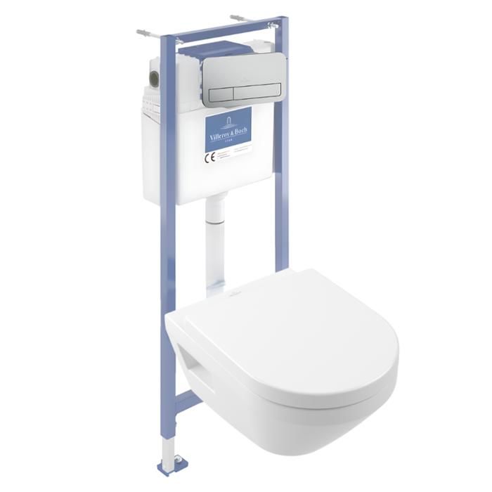 Pack WC suspendu sans bride Villeroy & Boch Architectura Twistflush [e³] rond + bâti support sol et mur + plaque chrome