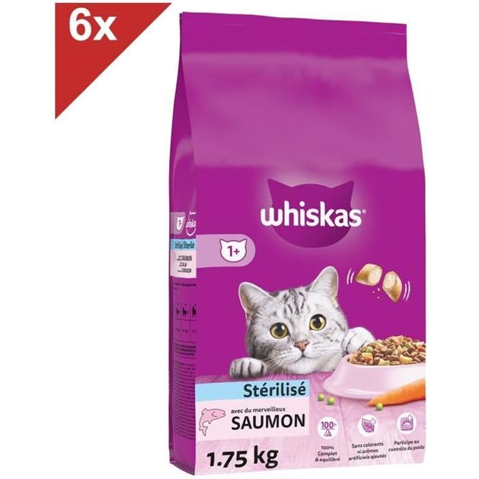 WHISKAS Croquettes au saumon pour chat adulte stérilisé 6x1,75kg