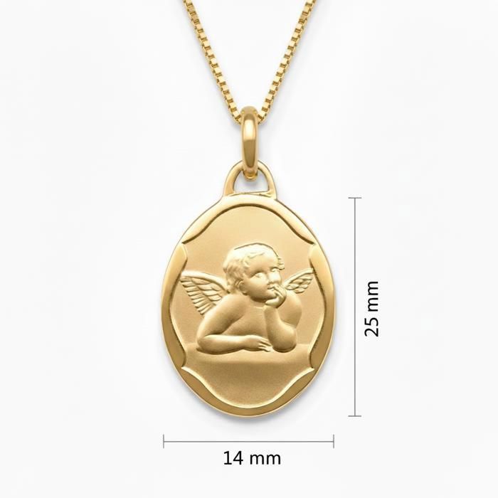 Collier Enfant Avec Médaille Ange Ovale - Baptême, Plaqué Or Jaune 18 Carats, Neuf Avec étiquettes