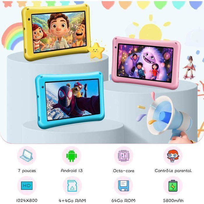Tablette éducative Enfant 7 Pouces Android - Écran HD IPS, 8 Go RAM + 64 Go ROM, Contrôle Parental, étui Antichoc EVA (Bleu)