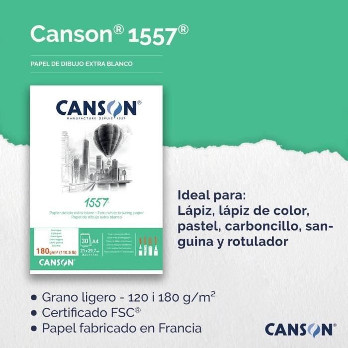 Álbum En Espiral Canson 1557 A3 De 120 G – 50 Hojas, Papel Libre De ácido, Ideal Para Dibujo Y Bocetos