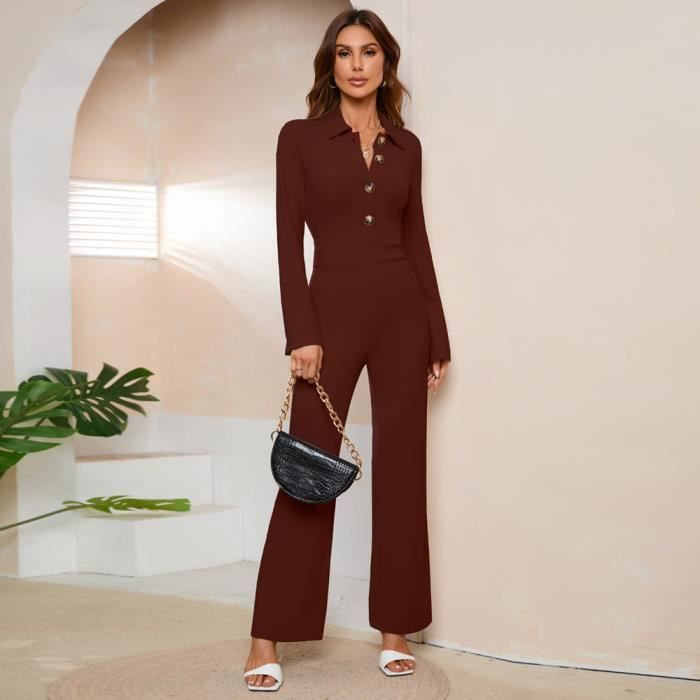 Combinaison Femme Manches Longues Automne Hiver Jumpsuit Pantalon Taille Haute Couleur Unie