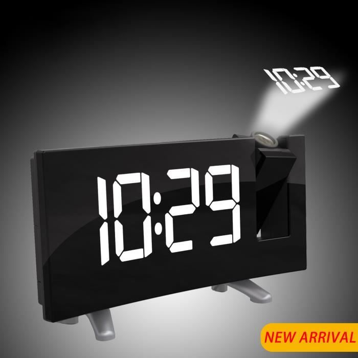 Réveil Projecteur Plafond – Horloge Numérique Avec Affichage Température, 5 Alarmes, USB, Design Blanc Moderne