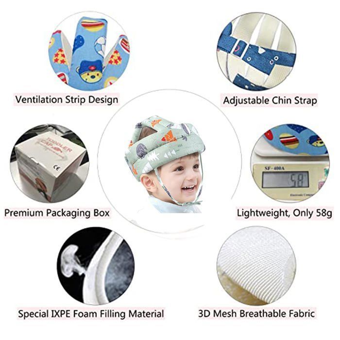 Casque Protection Bébé Anti-chute - Réglable, Coton Respirant Pour Apprentissage Marche (Vert)