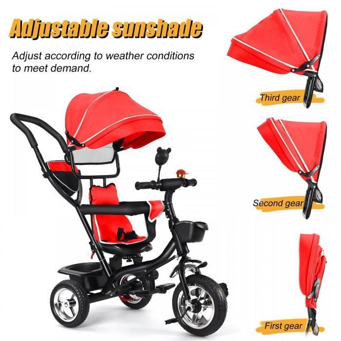 Tricycle Évolutif Enfant - Siège Réversible, Pare-Soleil, Pédales Amovibles - 3 Modes - Rouge - De 1 à 4 Ans
