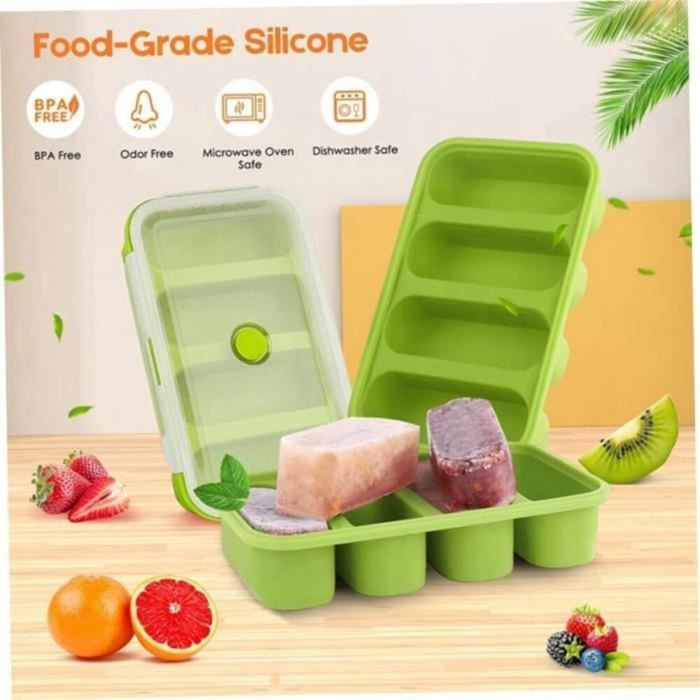 Stockage Nourriture Bébé Silicone Avec Couvercle - Bac Congélation Sans BPA - Vert - Pour Purées, Lait Maternel Et Glaçons