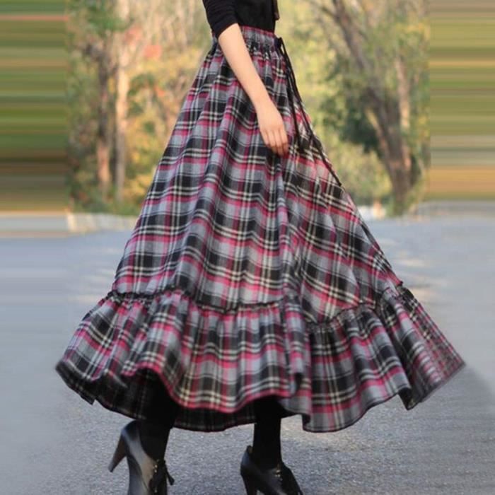 Minetom Femme Plaid Jupe Longue Taille Haute Vintage Elegante Classique Retro Evase Tartan Maxi Carreaux Jupe Treillis B rose Cdiscount Pret a Porter
