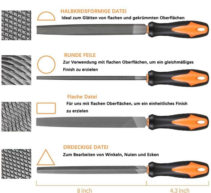Rape A Bois Yonality Jeu De Limes Metal 4 Pièces, 200mm Outil De Lime 8 Pouces, Comprenant Lime Plate, Lime Ronde, Lime Demi Ronde Et Limes Triangulaires, Pour Le Métal, Le Raffinage