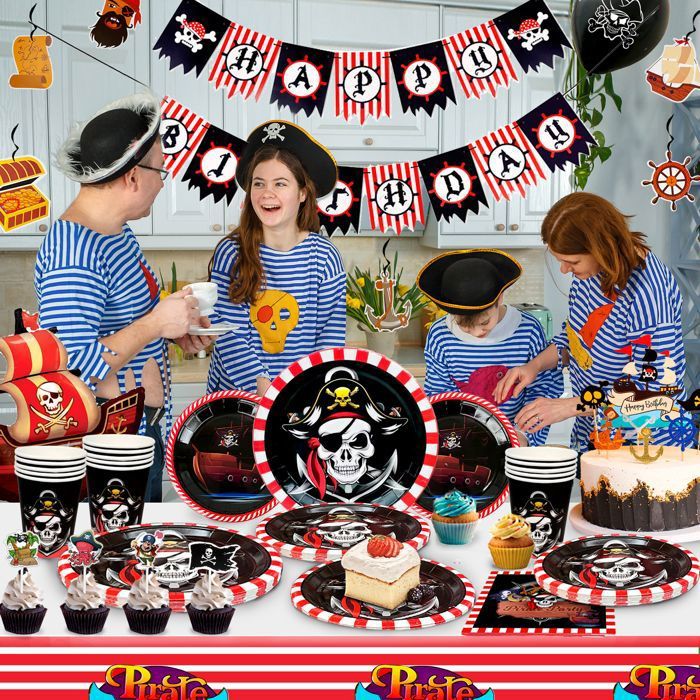 Kit Décoration Anniversaire Pirate 52 Pièces Newtic - Nappe, Assiettes, Gobelets, Serviettes, Banderole - Pour Fête Enfant