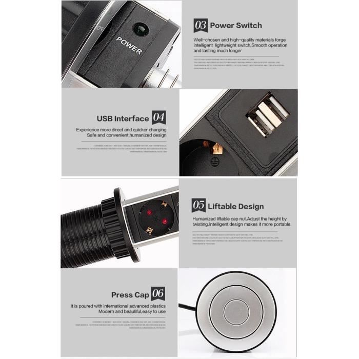 Prise de Table escamotable 4 Prises avec 2 USB C 2 USB A - Prise de