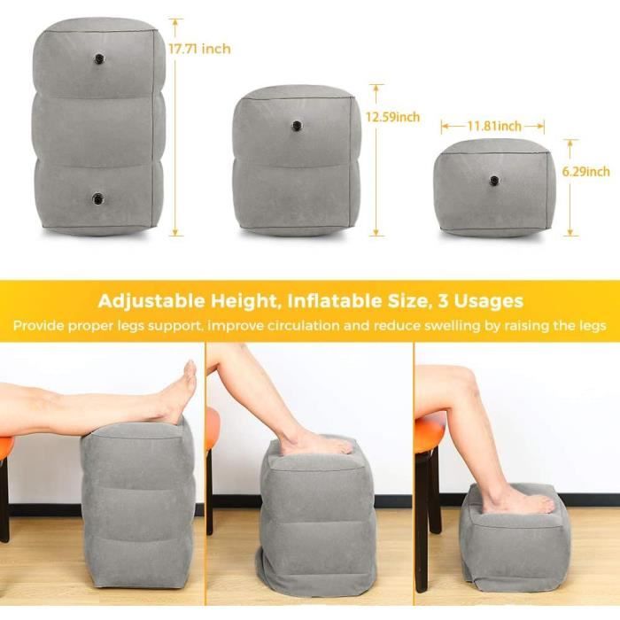 Pack Complet Avec Accessoires Repose-Pieds Gonflable Wisebom 3 Couches - Coussin Réglable Pour Voyage Avion Voiture Bureau | Gris Repose Pieds