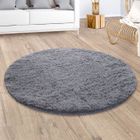Paco Home Tapis Shaggy Tapis De Salon Fausse Fourrure Poil Long Moelleux Monochrome Gris 200 cm rond