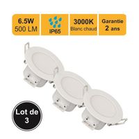 Lot de 3 spots LED encastrable - spécial salle de bain - 6.5W (Equiv. 50W) 500 LM Blanc chaud (3000K) IP65