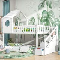 【Hot】Lit cabane enfant bois pin 90 x 200, lits superposés blancs, design clôture, escalier de rangement, forme maison