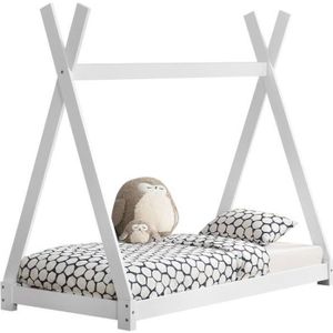 Lit de Tipi avec Matela Lit Enfant 208x96x163cm Bois Naturel Sommier à Lattes Couleur Blanc Mat 200 x 90 cm en.CASA Lit de Tipi avec Matela Lit Enfant 208x96x163cm Bois Naturel Sommier à Lattes Couleur Blanc Mat 200 x 90 cm en.CASA