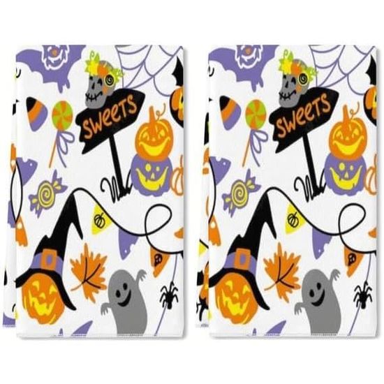 2 Torchons De Cuisine Microfibre Halloween – Motifs Fantôme, Chauve-souris, Citrouilles – 42x65 Cm – Absorbants Et Décoratifs