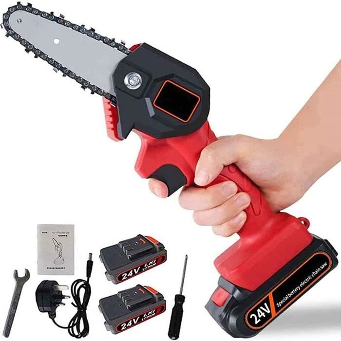 Mini tronçonneuse portative sans fil avec chargeur et 2 piles, tronçonneuse électrique sans fil rechargeable de 4 pouces 24 V(rouge)