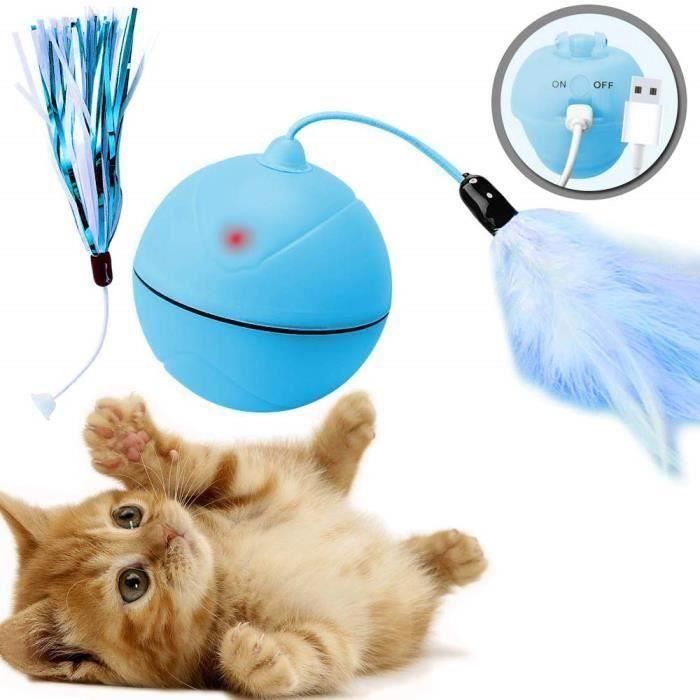 Jouet Chat Balle, Chargement USB, Chaton Jouet d 'exercice, Boule Auto-rotative à 360 degrés Rotatif, Plume Détachable pour (Bleu)
