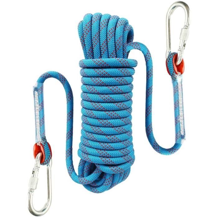 15m Corde de Sécurité d'Escalade Extérieur,10mm Corde de Sauvetage en Polyester Haute Résistance avec 2 Mousquetons pour Randonnée