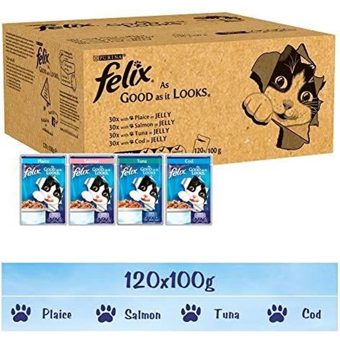 Felix - Nourriture pour chat, Cod, Tuna, Salmon, Plaice (100G X 120)