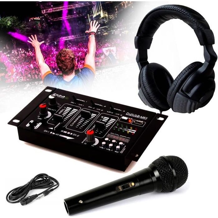 Casque DJ Sono + table de mixage DJ21-USB-MKII IBIZA Sound + Micro Dynamique Noir