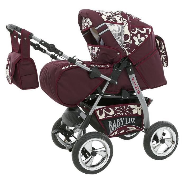 King 4 en 1 Poussette combinée avec siège auto + ISOFIX Poussette Canne et accessoires 51 bordeaux & fleurs bordeaux