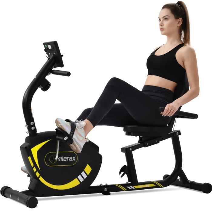 Vélo d'appartement semi-allongé Vélo Couché Magnétique 8 Niveaux de résistance Masse d'inertie 15kg, LCD+Capteurs de Pouls, Jaune